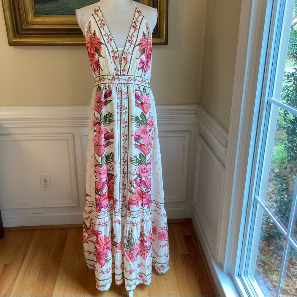 COMMENSE Pink Green Floral Print Halter Open Back Maxi Dress NWT - Picture 3 of 16